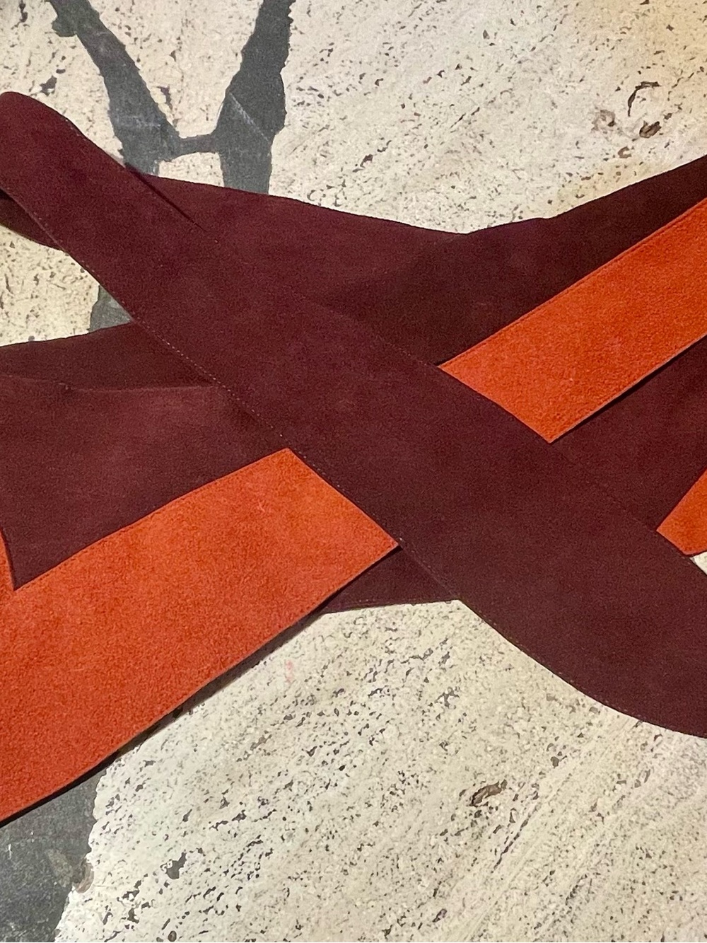 Vintage Suede Crisscross Belt in Burgundy and Rust Orange